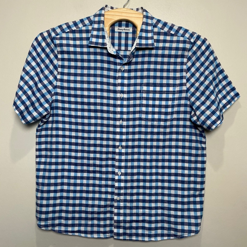 Tommy Bahama Men's Linen Button Down Shirt XL Blue Gingham Coastal Resort